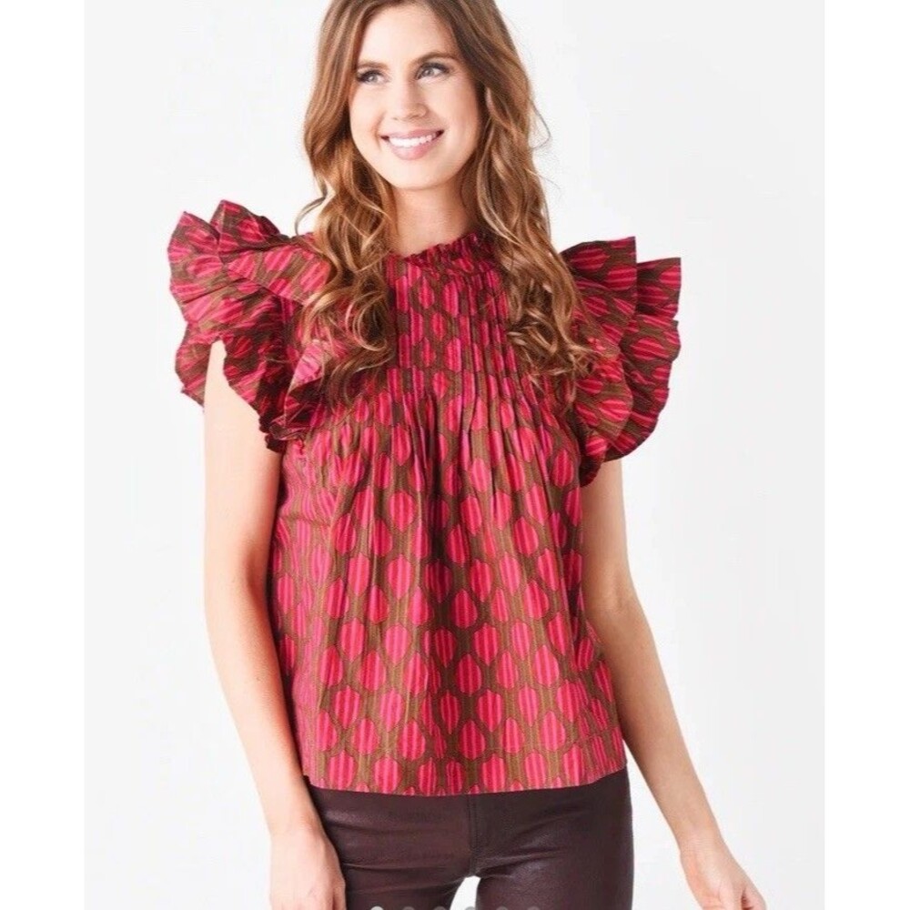 Oliphant Pintuck Ruffle Blouse Top XS Oversized Cotton Floral Tuckernuck